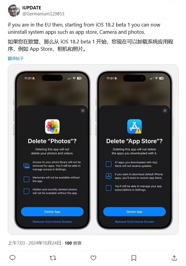 南充苹果手机维修分享iOS 18.2 支持删除 App Store 应用商店 