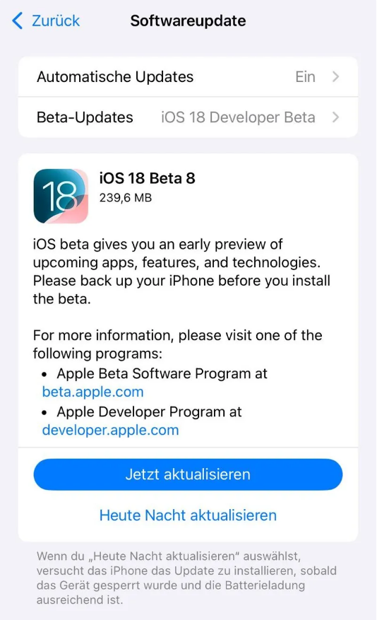 南充苹果手机维修分享苹果 iOS / iPadOS 18 开发者预览版 Beta 8 发布 